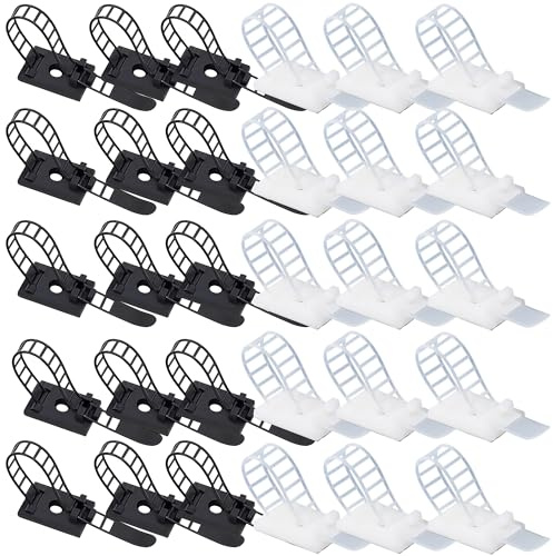 50pcs Adjustable Self Adhesive Cable Clips with Reusable Zip Ties (Black & White) - Strong Cable Holder Clips for Wire Management - Ideal for Home, Office, Garage and Workshop Organization
