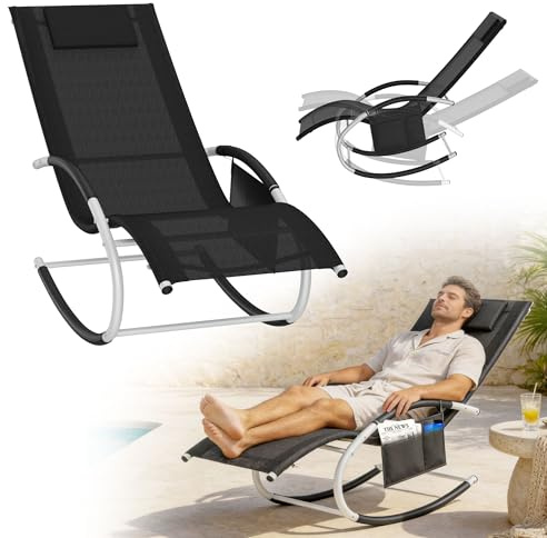 UISEBRT Schaukelliege C-Form,Ergonomische Relaxliege mit Kopfstütze & Seitentasche,Klappbare Gartenliege 150kg Belastung,Wetterbeständig für Garten Terrasse Camping,149x62x89 cm