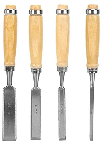 Set di 4 coltelli per intaglio del legno, utensili da scalpello per lavorazione del legno con manici in legno, lame in acciaio al cromo-vanadio nelle misure 6 mm, 12 mm, 18 mm e 24