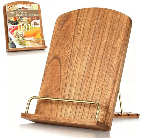 Kochbuchhalter Holz, Verstellbarer Kochbuchständer, Schneidebrett Style, Buchständer, Buchhalter Leseständer Küche, für Rezepte, Lehrbücher, Tablet, mit Seitenklammern (Holz)