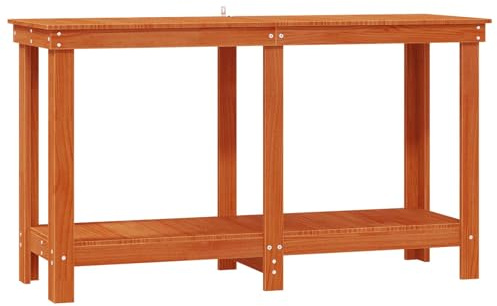 Banco da lavoro marrone cerato in legno di pino massiccio, 140 x 50 x 80 cm, con ripiano, per officina, garage, sala hobby, tavolo da lavoro stabile, per fai da te e fai da te