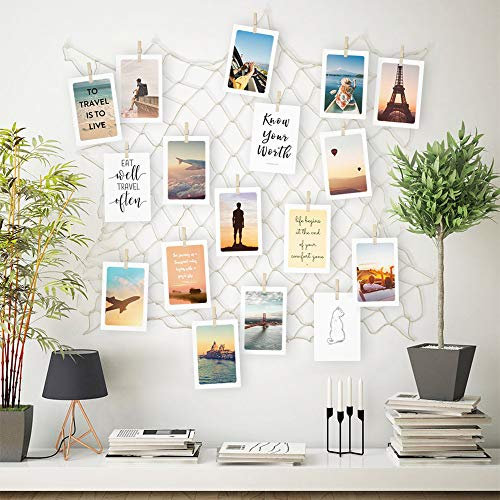 ecooe Mini Foto hängende Wanddekoration Collage DIY Bilderrahmen Fischernetz mit 40 Holzklammern und 10 spurlosen Nägeln Fotoaufhängung 60 × 60 cm (wenn komplett auseinandergezogen)