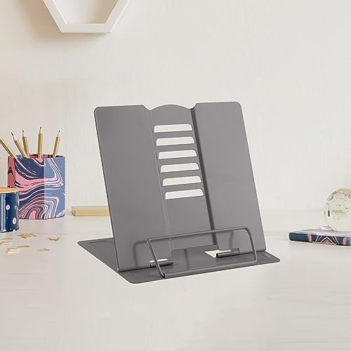 Mini Metal Book Stand - Lightweight Portable Reading Holder for Cookbooks, Textbooks, Recipes, Documents, Tablets, and Music - Adjustable and Lightweight (Grey)