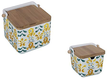 DRW Original cerámica Cuadrado con Tapa bambú 12x12x12 cm (Pack salero y azucarero Mosaico)