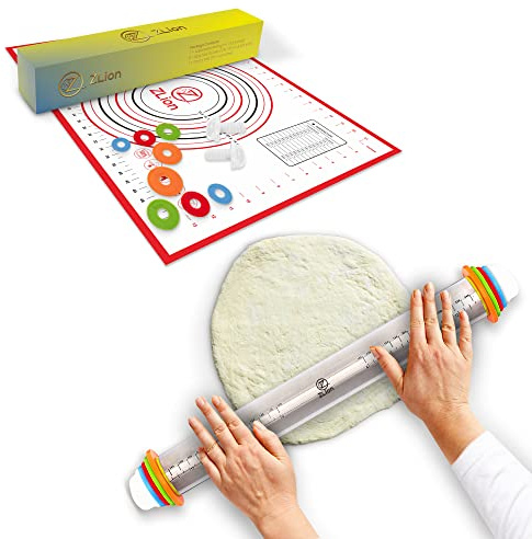 Zlion Rolling Pin with Thickness Rings – Stainless Steel and Corrosion-Resistant Adjustable Rolling pin w/Silicone Pastry Mat for Baking Pizza, Dough, Pastry, Fondant, Pasta