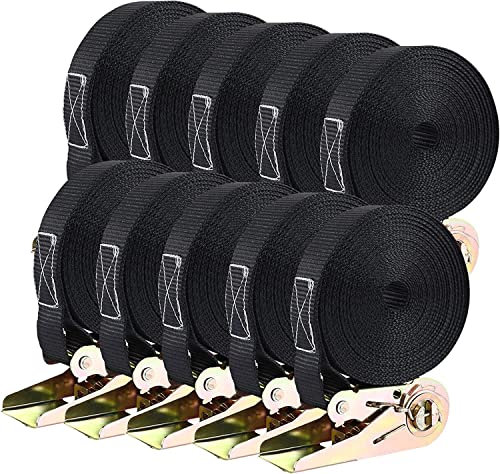 10 Pack Ratchet Tie Down Strap, 6m Heavy Duty Ratchet Straps, Tensioning Belts with Adjustable Lashing Straps Tensile Strength 800 kg, for Trucks, Motorbikes, Securing Cargo or Luggage, Black