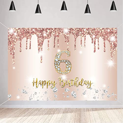 Cartel de 6º cumpleaños para niña, pancarta de cumpleaños en oro rosa, cartel de tela con texto Happy 6 Birthday, fondo de cumpleaños, decoración para fiesta de cumpleaños
