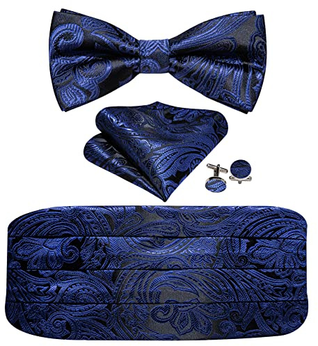 Barry.Wang Cummerbund Ensemble nœud papillon en soie pour homme avec boutons de manchette carrés pré-noués, bleu foncé, taille unique