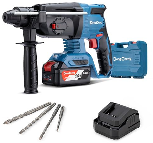 DongCheng Akku Bohrhammer 18V, Schlagenergie 2.8 J, mit 4 Stück SDS-plus, Bohren bis 28 mm, Bürstenloser Bohrhammer Motor, Anti-Vibrationsgriff, inkl. 4Ah Akku und 2A Ladegerät im Handwerkerkoffer