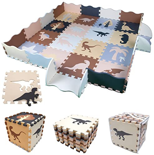 Kinder Puzzlematte mit Dino Motiven XXL Spielteppich für Baby & Kinder | 52-TLG XL Puzzleteppich Set | Große Eva Schaumstoff Spielmatte |Dinosaurier Krabbelmatte mit Rand | Boden Matte 143x143 cm