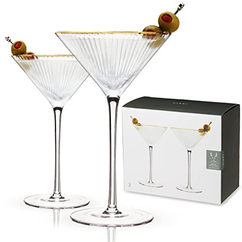 Viski Meridian Martini Cocktailgläser mit Stiel, Art Deco geriffelt, mit Goldrand, Kristallglas, 221 ml, transparent, 2 Stück