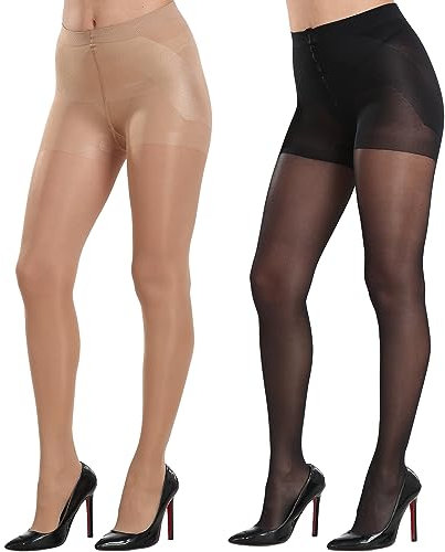 MANZI Strumpfhose Damen mit Bauchweg Effekt Shape Feinstrumpfhose Leicht Glänzend Reißfest 40 Den Schwarz und Natur 2 Paar XL