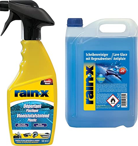Rain-X Deperlant Plastique Spray 500ml & Lave Glace Voiture Hydrophobique, Liquide de Refroidissement et Anti-Pluie Pare-Brise -20° 5 L