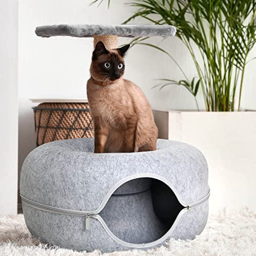 Lucky Sign - Katzenhöhle Katzentunnel aus Filz Katzenbett multifunktionalle Katzensofa gemütliches Katzenspielzeug für endlosen Spaß Katzenkorb Katzenkissen, 60x60x28cm Hellgrau