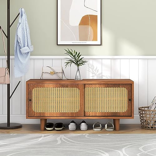 HAINEW Zapatero de ratán con 2 puertas y estante ajustable, zapatero para entrada, pasillo, salón, color nogal, 104 × 40 × 48 cm, diseño retro