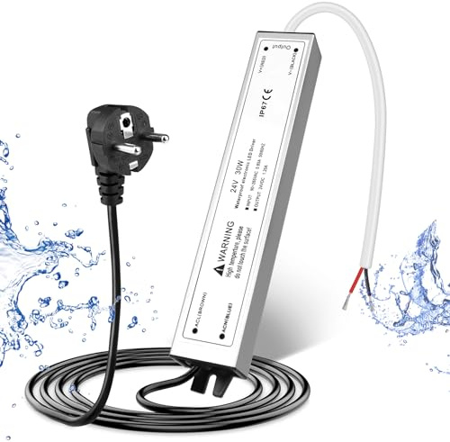LED Trafo 24V 30W IP67, Outdoor Wasserdicht Transformator mit Stecker, Netzteil Treiber 230V auf DC 24 Volt Adapter, LED Driver Außen für LED-Streifen Lampen Strahler Lichtbänder