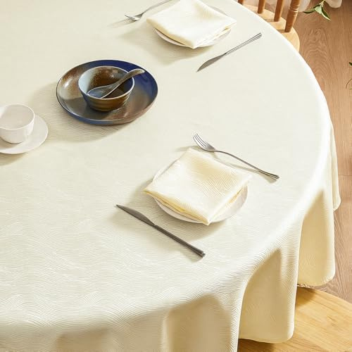 Softalker Tischdecke Outdoor Rund 120 cm Abwaschbar Beige Jacquard Wasserabweisend Abwischbar Fleckschutz Tischtuch für Draußen Gartentisch Party Geburtstag Silvester Hochzeit Ostern Garten Camping