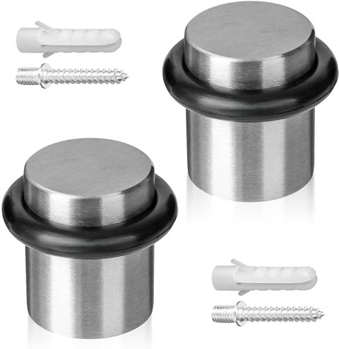 ECENCE Door Stoppers for Floor 2 Pieces, Door Stop Ø0.79x0.98inch (Ø20x25mm) Wall Protector, Solid Stainless Steel Floor Mount with Screws and Dowels Brushed