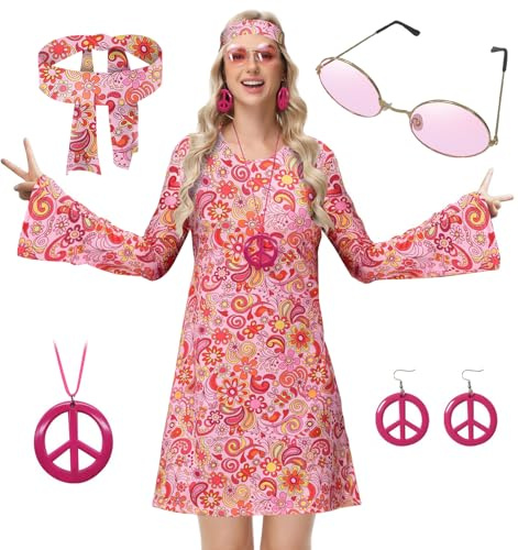 ELFIN Hippie-klänning för kvinnor, 60-tal 70-tal hippie kostym damset, hippie kläder tillbehör med glasögon, pannband, halsband, örhängen, disco outfit dam karneval temafest halloween