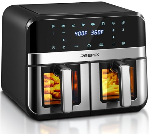 9L Dual Air Fryer with Visual Window, 8 Cooking Presets, Touch Screen, LED Display, Dual Zone Digital Air Fryer with Cookbook, Timer & Temperature Control, Nonstick