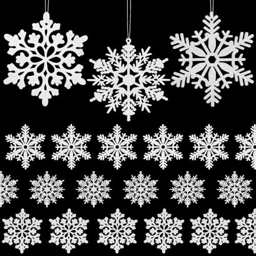 Becellen 24 Pièces Flocons Neige Noel Décoration, Paillettes Christmas Decoration Sapin Papier Ornement Déco Lot Décoration Hiver Noel Flocon Neige à Suspendre avec Ficelle pour Noël Fêtes