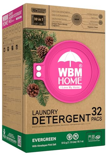 WBM Laundry Detergent Pods - Ultra-Concentrated, Hypoallergenic, Stain-Fighting, Evergreen Scent, 32-Pack, Recyclable Packaging for Eco-Friendly Cleaning