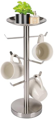 Priseen Coffee Mug Tree, Cup Holder for 6 Cups, with Tray for Phone, Tissues or Capsule (Brushed Nickel)