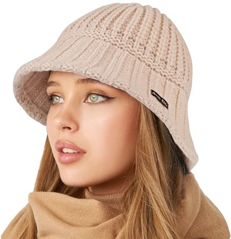TAGVO Vinter hinkhatt kvinnor, ledig mössa hatt vikbar fluffig hinkhatt rund stickad ullhatt fiskarhatt för kvinnor tonårsflickor resor utomhus svart, BEIgE, one size