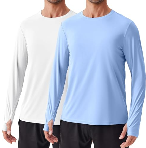 PINSPARK 2-pack Rashguard herr UPF 50+ UV solskydd långärmad tröja utomhus surfing simning löpning, Ljusblå/vit, XXL