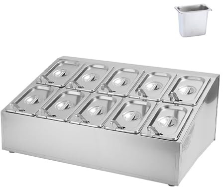 Pizza Topping Station with Pans and Lids, Inclined Stainless Steel Countertop Dispenser Spice Rack, Seasoning Sauce Salad Jam Fruits Ingredients Shelf