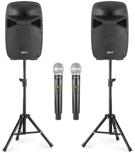 Vonyx VPS152A - Pack de sonido para karaoke de 1000W con altavoces 15, Bluetooth, USB, SD, AUX, micrófonos inalámbricos, luces LED, ecualizador 5 bandas, soportes y mando a distancia