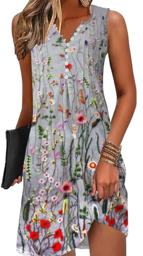 GRMLRPT Robe Été Femme de Plage Bohème Rétro Robes Col V Robes au Genou sans Manches Imprimé Floral Casual Tuniques Ample(Gris,L)