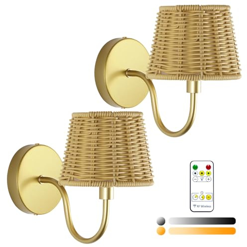 Jaenmsa Juego de 2 apliques de pared que funcionan con pilas, apliques de pared de ratán inalámbricos recargables con bombillas magnéticas desmontables regulables y control remoto, luces de pared de 3