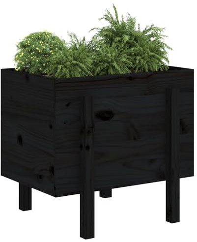 Homgoday Fioriera da Giardino Nera 62x50x57 cm in Legno Massello di Pino, Arredo Fioriera da Esterno Fioriera Balcone Fioriera Grigliato per Giardino