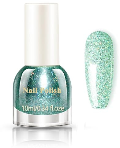 Grün Nagellack Schnelltrocknend mit Sparkle Holographische Glitter, Glitzernagellack ohne UV-Lampe, Glitzernder Green Nail Polish Nail Art für DIY Home(Grün, 10ML)
