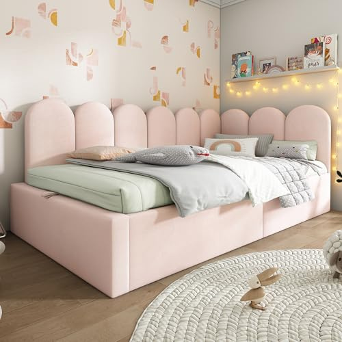 Daybed with Storage, 3ft Single Functional Upholstered Ottoman Bed Frame with Metal Slats, Velvet Hydraulic Storage Bed Sofa Bed Guest Beds for Adults&Teenagers&Children, No Mattress, Pink, 90X190 cm