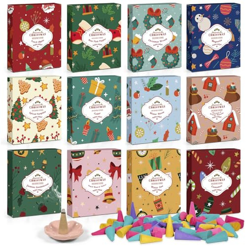 Scent-Hi Christmas Incense Cones Set, Incense Cones with Incense Holder, Festive Scents like Cinnamon, Cedar, Spiced Pumpkin for Holiday Home Fragrance, 96 Cones