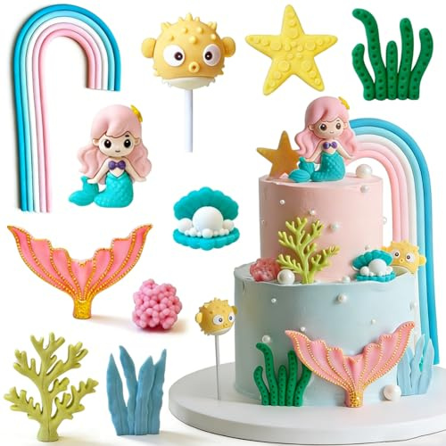 Mermaid Cake Topper -10pcs Under the Sea Cake Decorations with Mermaid Seaweed Shells Pufferfish Starfish Coralal Rainbow Party Supplies for Mermaid Themed Birthday Party Decorations