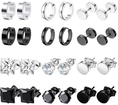 12 Pairs Men's Earrings, Men's Stainless Steel Earring Studs, Mens Earrings Studs Screw Back Earring Round Silver Black for Men Boys in Blacks（Black and Silvery）