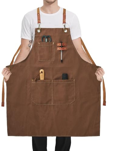 FunChaos Plus Size Canvas Aprons, Kitchen Chef Aprons, Heavy Duty Work Bib Aprons for Men Women, Adjustable Cross Back Strap Aprons with Large Pockets for Cooking Gardening BBQ, Brown