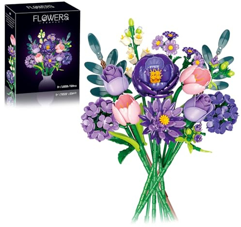 TOFFCAEA Bouquet de fleurs botaniques - 624 blocs de construction avec tulipes, roses et hortensias - Kit de construction créatif pour adultes - Cadeau pour partenaire, petite amie ou petit ami