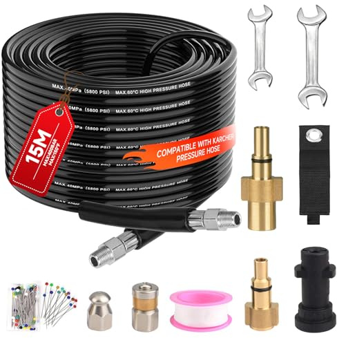 15M/50 FT Pressure Washer Drain Hose Cleaning Kit Compatible with Karcher K2, K3, K4, K5, K6, K7 Series & LAVOR Pressure Washers 400 Bar/5800PSI Drain Jetter,Ideal