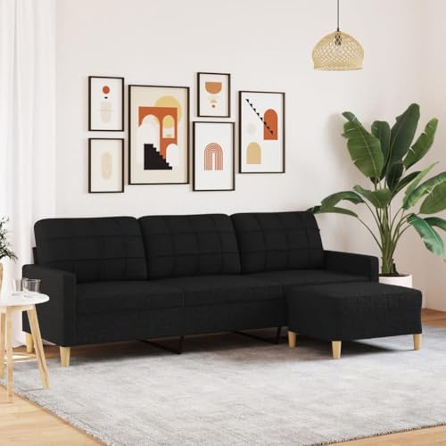 KKgypkn Modernes Sofa mit integriertem Fußhocker, Stoffsofa mit Hocker und dickem Polster, Bequemes 3-Sitzer Sofa mit Relaxhocker und Metallgestell in Schwarz, 210 cm Dreisitzer