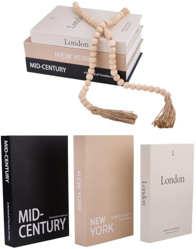 DICOSMETIC 3Pcs Decorative Books for Home Decor Faux Books for Decoration Coffee Table Book Decor Stacked Book Home Decoration with 1Pc Wood Beaded Pendant（London/New York/Mid-Century）
