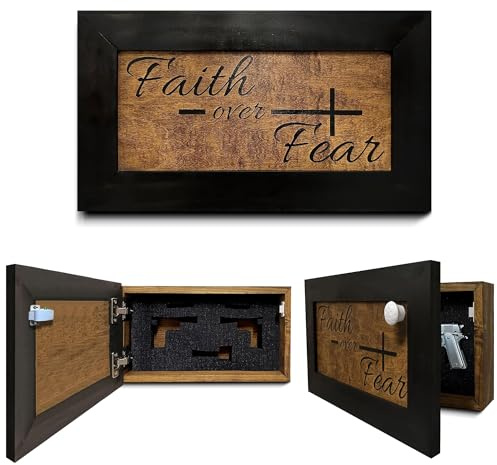 Bellewood Designs Hidden Gun Safe - Faith Over Fear Wall Gun Safe - Hidden Wall Storage - Wood Gun Cabinet - Handcrafted Religious Gun Concealment Furniture - Christian Hidden Gun Storage