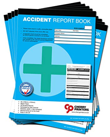 Cherry Printers GDPR Compliant Accident Report Book A5 | 50 Accident Forms | RIDDOR + HSE Compliant | Perforated for Easy Removal | 80gsm Paper | Stitched at Head | **10 Pack**