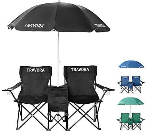 TRAVORA 2er Partner Camping Stuhl mit Sonnenschirm und Kühlfach und Logo- Campingstuhl faltbar für Zwei Personen - Klappstuhl Camping - Campingstuhl Angelstuhl als Doppelsitzer (Schwarz)