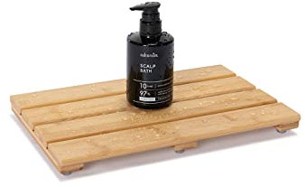 PELYN Bamboo Shower Bath Mat for Bathroom, Small Non-Slip Bamboo Wood Bathroom Mats for Inside or Outside (15.8 x 10.2 Inches)