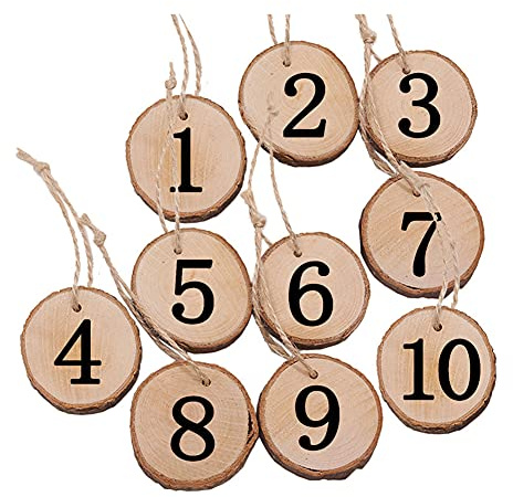 esowemsn 10pcs 1-10 Wooden Table Numbers Round Hanging Wood Slices Table Numbers with Hemp Rope DIY Rustic Wedding Wooden Centerpieces for Arts Crafts Wall Decor