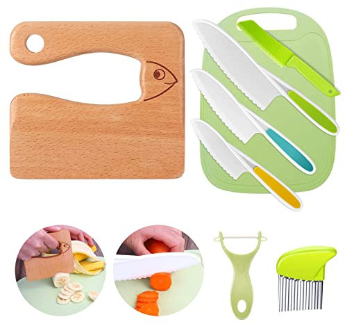 Goodchef Set di 8 coltelli da cucina per bambini, per tagliare e cucinare, frutta o verdura, incluso coltello in legno, tagliere e pelapatate, pesce